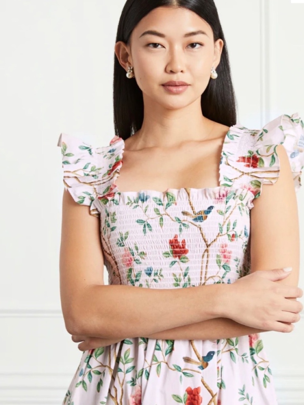 Hill House Home x Diane Hill Ellie Nap Dress Pink Floral Bird Print Smocked Midi - Picture 3 of 11